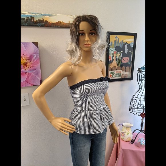 Hollister Tops - Hollister Strapless Navy/White Stripe Top w/ Accent Bow Size Small
